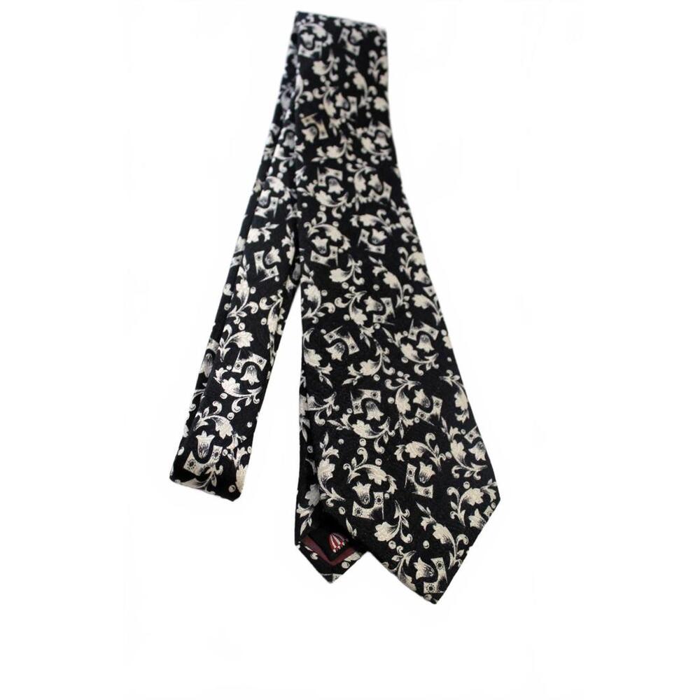 Vintage Custom Silk Necktie, Black & Beige Floral, 3.5 X 56 Inches